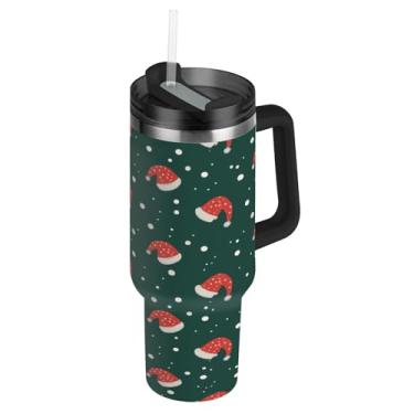 Imagem de Blueangle Copos de chapéus de Natal de 850 g com alça e tampa de palha, caneca de viagem de aço inoxidável isolada a vácuo de parede dupla, garrafa de água reutilizável para academia de escritório ao