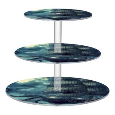 Imagem de Blueangle Suporte redondo de cupcake de 3 camadas – torre de sobremesa acrílica de navio pirata, suporte de sobremesa em camadas antiderrapante para chá de bebê, aniversário, festa de casamento (52)