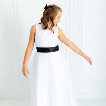 Imagem de Vestido Longo branco Faixa Lisa Preta Infantil com Saia Tule Branco fa