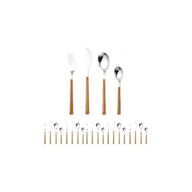 Imagem de Conjunto 24 Peças Talheres Cabo Tipo Madeira, Aço Inox, 6 Garfos, 6 Facas Churrasco, 6 Colheres Mesa, 6 Colheres Sobremesa