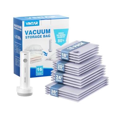 Imagem de Sacos de vedação a vácuo para roupas e viagens, VINTAR pacote com 16 sacos de armazenamento a vácuo com bomba sem fio recarregável, bolsas economizadoras de espaço (4 jumbo + 4 grandes + 4 médias + 4