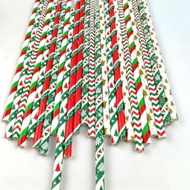 Imagem de 50 canudos de papel de Natal com decoração de cartão, canudos de papel descartáveis biodegradáveis de 19 cm para beber decoração de festa de Natal (estilo 2)