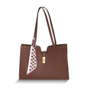 Imagem de Bolsa de designer com lenço de seda, bolsa de couro marrom, bolsa de ombro de grande capacidade com compartimentos internos, Café, Large