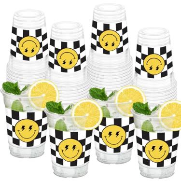 Imagem de HYMENEX 50 peças de copos de aniversário de rosto sorridente, copos de festa xadrez de rosto sorridente de 340 g para outono, artigos de festa de aniversário, decorações de casamento e chá de bebê