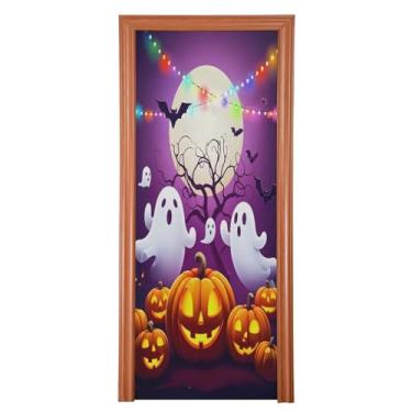 Imagem de Qilmy Decoração de capa de porta 91 x 248 cm tecido grande placa de decoração de festa de Halloween para porta da frente Halloween fantasmas e abóboras varanda decoração ao ar livre parede de janela
