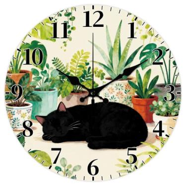 Imagem de CHGCRAFT Relógio de parede com padrão de gato preto, 30,5 cm, sem tique-taque, vasos de plantas, relógio redondo para pendurar na parede, operado por bateria para quarto, sala de estar, cozinha