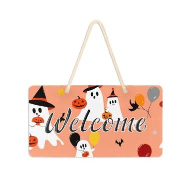 Imagem de Burbuja Placa de boas-vindas de fantasmas fofos em chapéus para porta da frente, placa de boas-vindas de PVC para decoração de férias, 15 x 28 cm