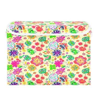 Imagem de CEBUGI Caixotes de armazenamento com tampas, caixa de armazenamento de tecido dobrável, organizadores de cubo floral, para prateleiras de quarto de armário de casa 40 x 30 x 30 cm