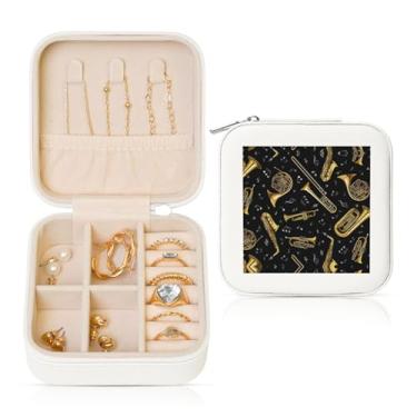 Imagem de Caixa de joias quadrada com impressão de instrumentos musicais, estojo de armazenamento portátil para anéis femininos, brincos, colares