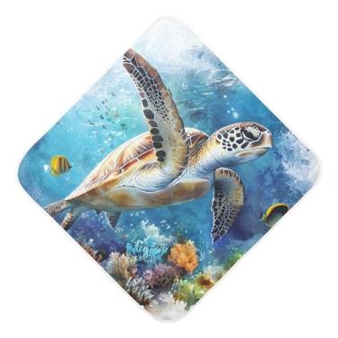Imagem de Burbuja Toalha de banho para bebê tartaruga marinha em aquarela - Toalha de banho macia absorvente de algodão musselina com capuz para recém-nascidos, 76 x 76 cm