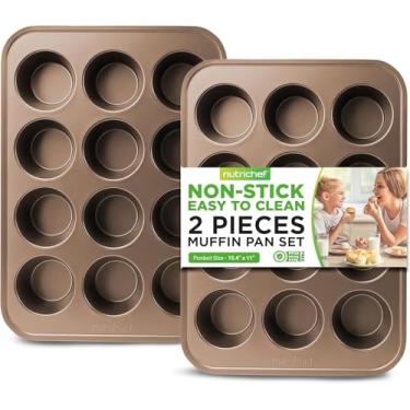 Imagem de NutriChef Formas antiaderentes de 12 xícaras para cupcakes, molde de cupcake de 2 peças, bandeja de bolo empilhável de aço carbono não tóxico, pode ser lavada na lava-louças, fácil de liberar, fácil