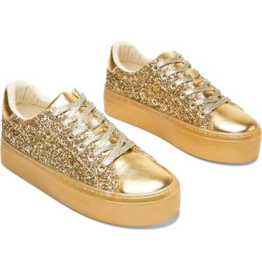 Imagem de AISFAES Tênis feminino com plataforma com glitter, cadarço brilhante, grosso, moderno, cano baixo, confortável, metálico, lantejoulas, tênis de caminhada, Glitter dourado, 41