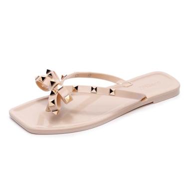 Imagem de OMGard Sandálias femininas cravejadas com laço, sapatos gelatinosos, bege, tamanho plano, tamanho 40, chinelos de dedo quadrado sem cadarço com rebites, Bege, 38