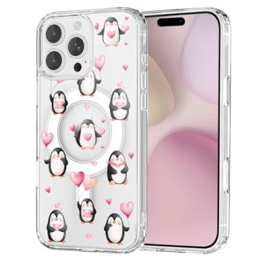 Imagem de OFQKOAKS Capa para iPhone 16, compatível com MagSafe, linda capa de telefone magnética romântica rosa pinguim amor pinguim, capa protetora fina e transparente para amantes