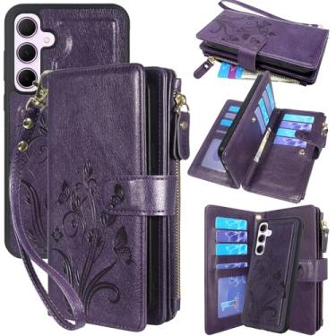 Imagem de Lacass Capa carteira para Samsung Galaxy A35 5G, [12 compartimentos para cartão] Carteira de couro removível com zíper e cordão de pulso (floral roxo escuro)