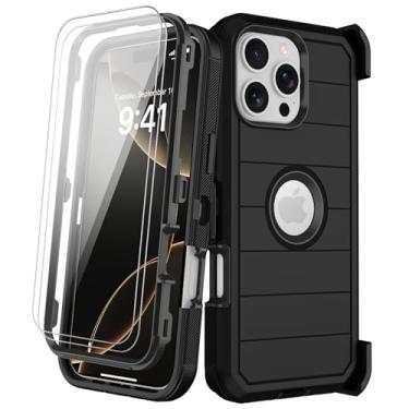 Imagem de KECAI Capa para iPhone 16 Pro Max com clipe de cinto, 2 protetores de tela, resistente à prova de choque, proteção contra quedas, de nível militar, tri-camada, resistente, durável, com suporte de 6,9