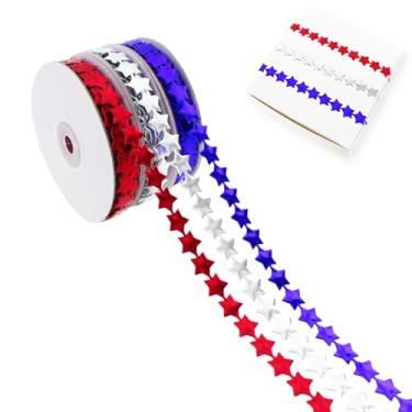 Imagem de Vignor Rolo de fita estrela, tecido de costura, corda para embrulho de presente, acessórios para mães, suprimentos de decoração de Natal, artesanato DIY (60 metros vermelho, prata, azul pacote sortido