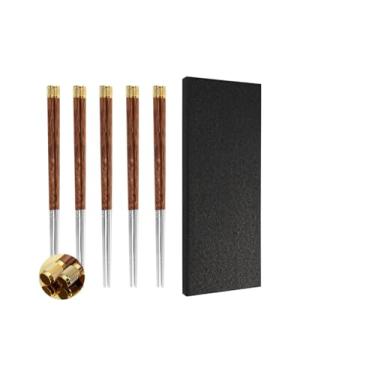 Imagem de Hashis de Aço Inoxidável com Cabo de Madeira Dourada- 5 Pares