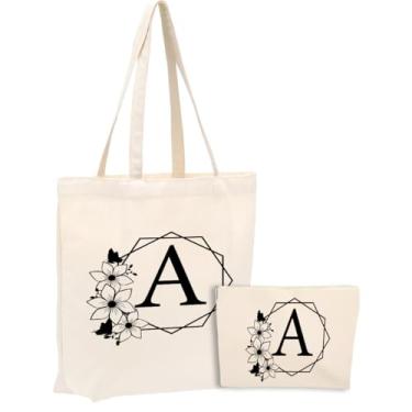 Imagem de Bolsa de lona inicial, presentes personalizados, adequada para casamento, aniversário, praia, férias, trabalho, dia das mães, conjunto de sacolas de cosméticos de Natal e sacola de presente monograma