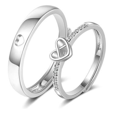 Imagem de Par Alianças Casal Coração Zircônia Banhado Prata Ajustável(Prateado)