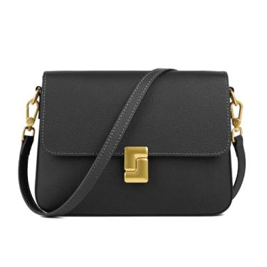 Imagem de MFFOR Bolsa de ombro de couro legítimo, bolsas transversais para mulheres, bolsas vintage, bolsa bolsa com 2 alças de ombro, Preto, Bolsa tiracolo vintage de couro genuíno com 2 alças de ombro