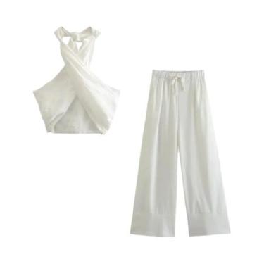 Imagem de Conjunto De Top Cropped Sem Mangas Em Caqui E Calças De Cintura Alta C