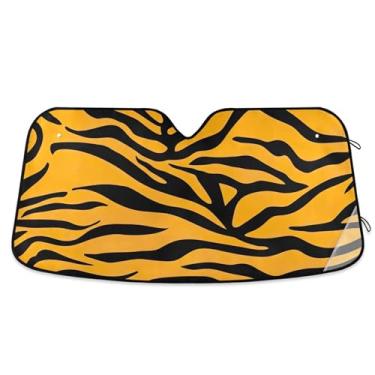 Imagem de Persiana de sol listrada de tigre preto laranja vibrante personalizada para para-brisa de carro bonito retrátil dobrável para para-brisa dianteiro impressão animal M, 139,7 cm x 70,1 cm