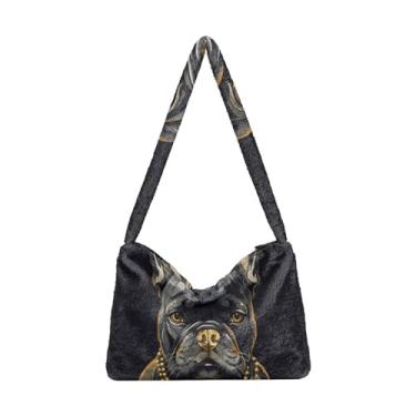 Imagem de Bolsa de ombro feminina Fierce Eyes Behind preta, bolsa de ombro de pelúcia sob o braço, bolsa de ombro com zíper para mulheres, Cachorro com coroa e colar dourados, One Size