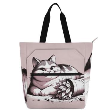 Imagem de GAIGEO Cute Cat Mischief Pink Bolsas femininas para trabalho lona praia escola sacola presente diário para amantes de livros bolsas