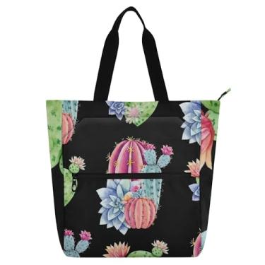Imagem de Sacola feminina preta, cactos verdes, suculentas, aquarela, para trabalho, praia, livros, bolsa, zíper, tecido, bolsas, livros, presentes
