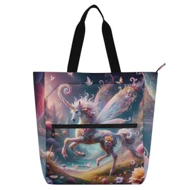 Imagem de GAIGEO Bolsa feminina com estampa de unicórnio e fada de flores para trabalho, faculdade, escola, bolsa de mão de professor com compartimentos