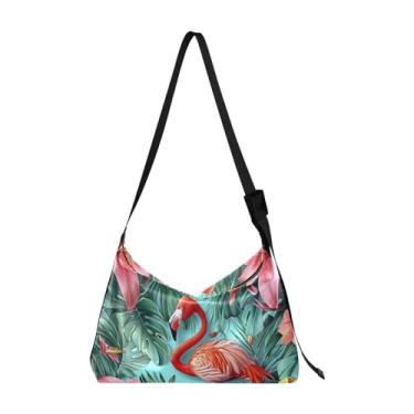 Imagem de Bolsa tiracolo de couro vermelho flamingo e plantas tropicais, bolsa de ombro hobo de couro, bolsa de ombro masculina