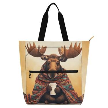 Imagem de GAIGEO Sacolas de trabalho engraçadas de alce fofas para mulheres, de lona, com zíper, bolsa de praia, para professores, amantes de livros