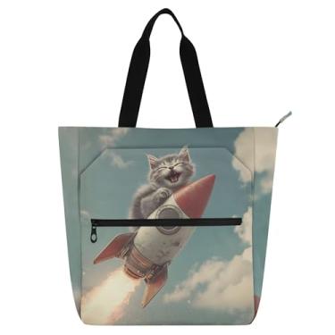 Imagem de GAIGEO Bolsa feminina de trabalho com animais com foguete de gato cinza, bolsa escolar universitária para crianças, presente fofo para amantes de livros