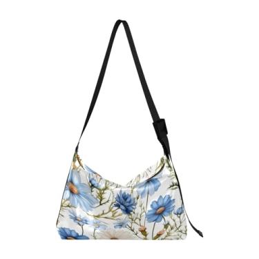 Imagem de Bolsa tiracolo de couro grande azul cosmos floral com folhas, bolsa transversal de couro masculina, bolsa de couro com zíper, Cosmos azul floral com folhas-2, One Size