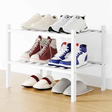 Imagem de Smiry Sapateira, organizador de sapatos de bambu pequeno de 2 camadas, prateleira empilhável de madeira para armário, entrada, entrada da porta da frente, branca