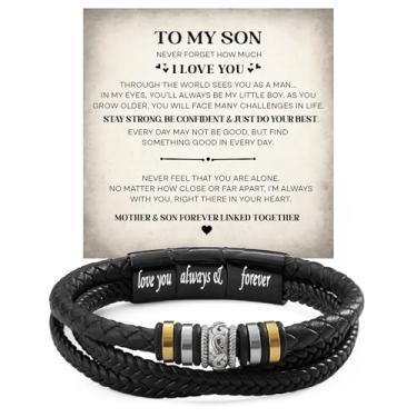 Imagem de Larvincy Pulseira To My Son de mãe e pai com mensagem sincera e caixa elegante, joias para filhos, presentes de mãe e pai, pulseiras para homens em aniversário, casamento, dia dos pais, Natal e mais