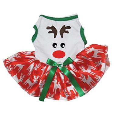 Imagem de Petitebella Vestido de cachorro tutu com rosto de rena fofo 3D chifre branco (tutu de cervos vermelhos, 2GG)