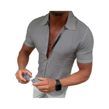 Imagem de Camisa Masculina Slim Fit Com Zíper E Manga Curta, Casual De Negócios 