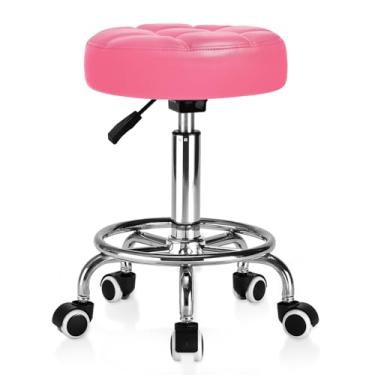 Imagem de Banqueta redonda de couro PU – Banco acolchoado ultramacio com rodas com apoio para os pés, capacidade de peso de 158 kg, banco de altura ajustável para salão de massagem de tatuagem, centro de spa