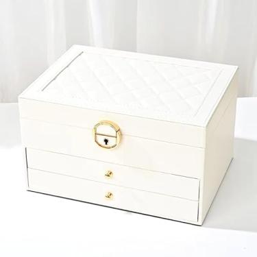 Imagem de Maleta Porta Joias Grande de Couro com Chave - Organizador Luxuoso 3 Camadas, Forro Aveludado, Presente Feminino Elegante(Q19/BRANCO)