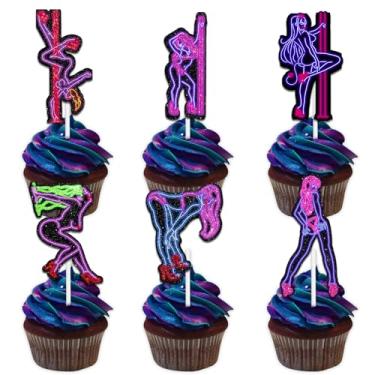 Imagem de 18Pcs Neon Glitter Sexy Lady Dessert Cupcake Topper Hot Pole Dance Theme Decoration Happy Birthday Bachelorette Party Decor Picks for Women Men Favour Supplies Set