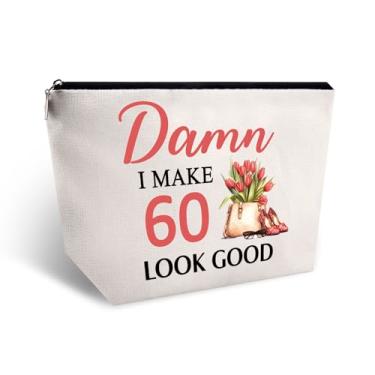 Imagem de EoffIvan Presentes de aniversário de 60 anos para mulheres, bolsa de cosméticos engraçada, presente de aniversário de 60 anos, presente de aniversário para mãe, irmã, avó, linho, viagem, bolsa de