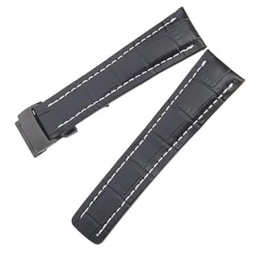 Imagem de DFAMIN Pulseira de relógio de couro genuíno com textura de bambu de 22 mm para fivela de fecho de implantação macia preta e azul (preta, 22 mm)