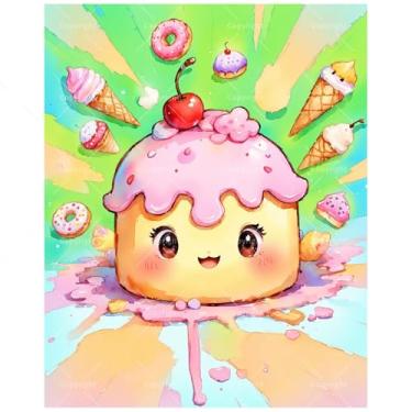Imagem de Cute Food Art Paint by Numbers Kit para adultos - Sobremesa sorridente DIY com pintura de cereja e donuts em tela 40,6 x 50 cm, conjunto de tinta acrílica, adequado para iniciantes, arte para