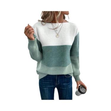 Imagem de Suéter Feminino De Tricô Em Patchwork Tricolor Casual Solto Outono Inv