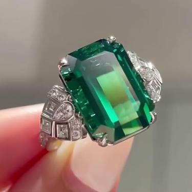 Imagem de Anéis de Zircônia Cúbica Quadrados Verdes Banhados a Prata para Mulheres Casamento Aliança de Noivado Promessa Anéis de Noivado Presente Noturno, Metal, Zircônia cúbica