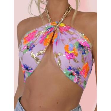 Imagem de Top Cropped Floral Rosa Com Lantejoulas Bordadas Y2K Para O Verão Com 