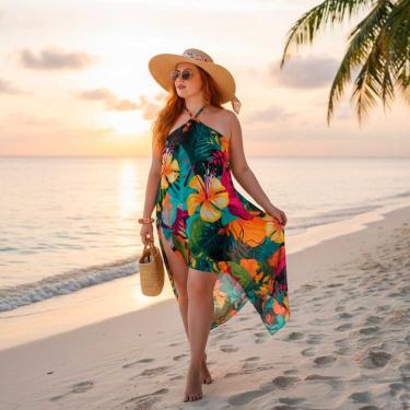 Imagem de Canga/Pareô Praia e Piscina Floral Rosa/Laranja 1,00x1,50m - Fera Print