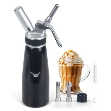 Imagem de XTKS Dispensador de chantilly de 500 ml, recipiente profissional de chantilly de alumínio com 3 bicos, batedor de creme à prova de vazamento para sobremesas, café, panquecas, carregador de creme N2O
